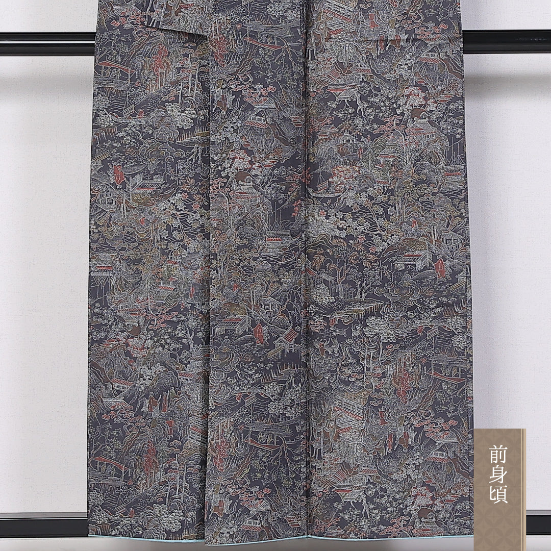 大島紬 袷 身丈153.5cm 裄62cm 正絹 茶屋辻 グレー系 Aランク 1216-01409