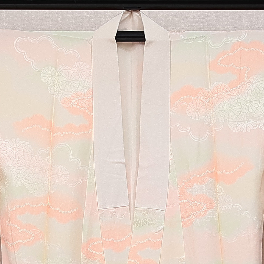 長襦袢 無双袖 身丈138cm 裄丈68cm 正絹 Sランク 紋意匠 (菊) 2XLサイズ 絞り ピンク系 RP 1239-14525