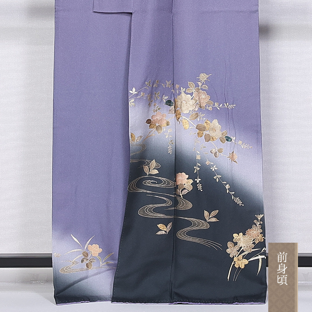 訪問着 身丈164cm 裄丈66cm Aランク 袷 正絹 広衿 ぼかし 流水 牡丹 金箔 1212-10198