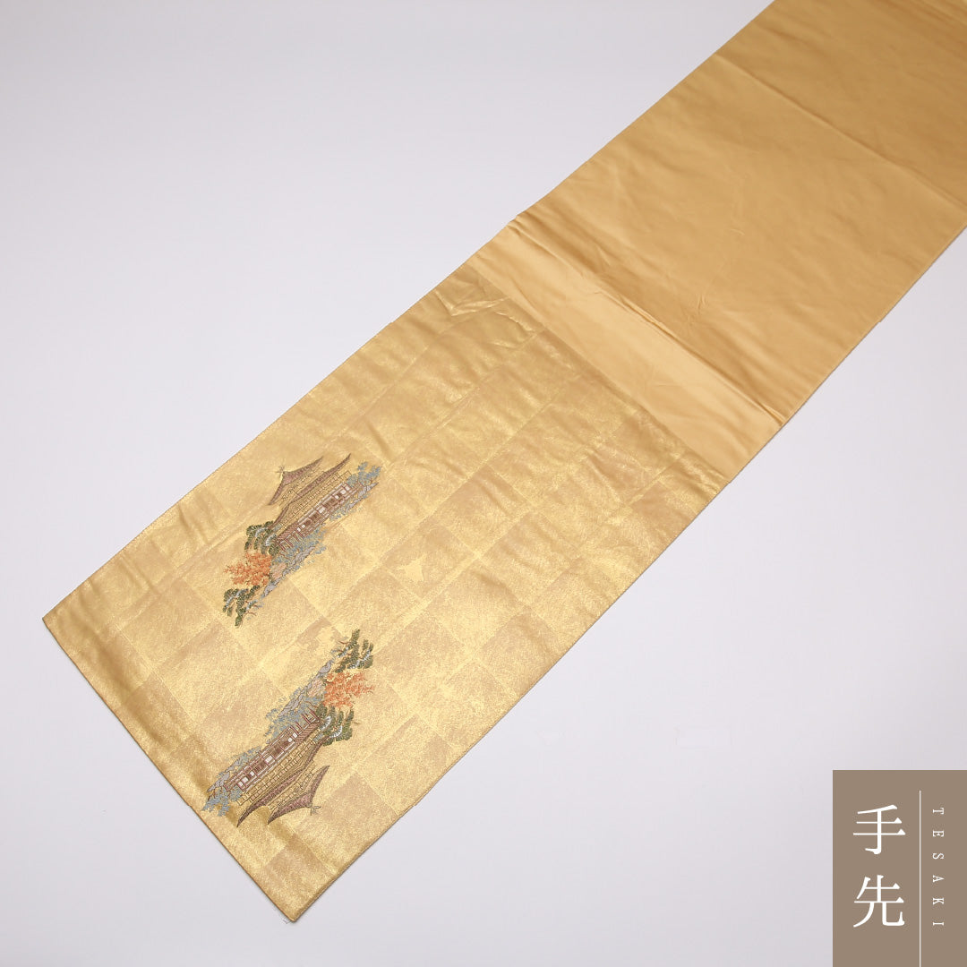 袋帯 帯丈434cm 六通 大和路散策絵文 本金箔 梅 竜胆 寺社仏閣 笠松 フォーマル 金系 正絹 Aランク 1223-01093