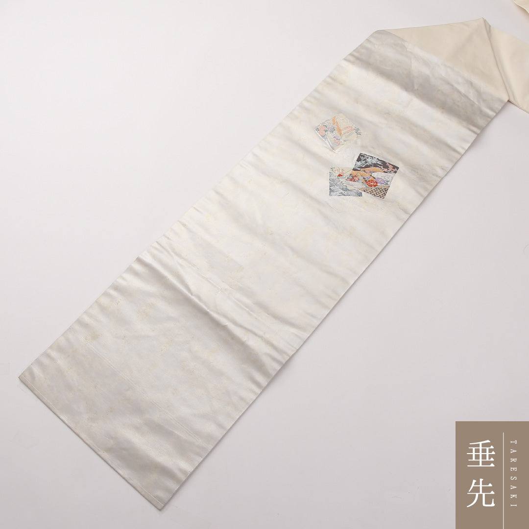 九寸名古屋帯 Sランク 帯丈357cm 正絹 ポイント柄 名古屋仕立て 織り セミフォーマル 色紙重ね 銀系 RP 1245-02238