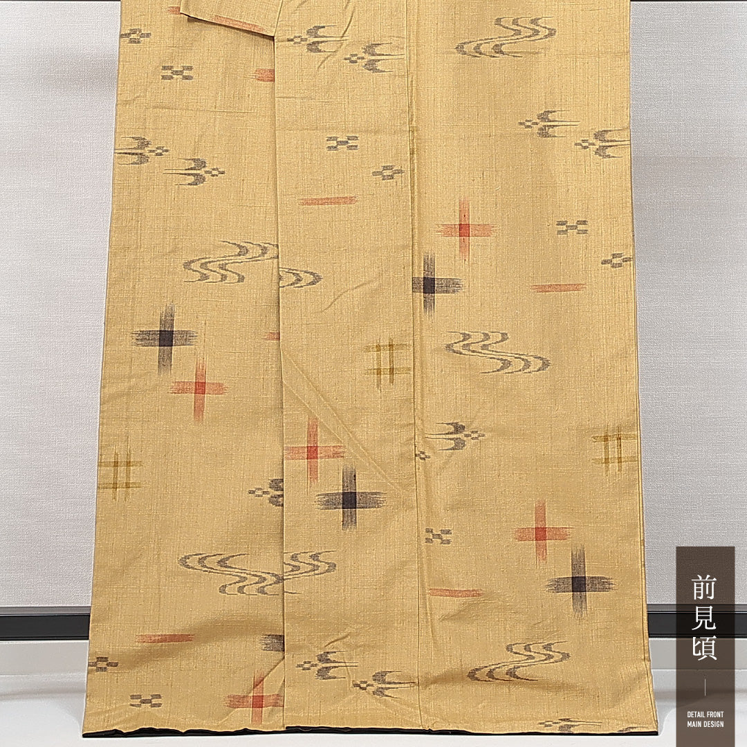 琉球絣の着物 袷 身丈167cm 裄丈69cm 正絹 Sランク カジュアル 広衿 XLサイズ トゥイグァー 黄系 PO 1223-14898
