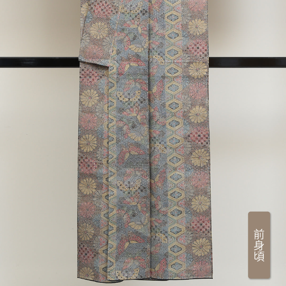 小紋 袷 身丈147cm 裄丈62cm 正絹 Sランク インフォーマル 広衿 XSサイズ 花鳥文 吉祥文様 青系 RP 1221-00967