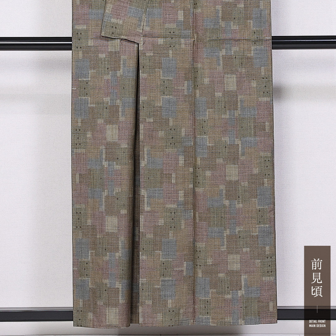 大島紬 単衣 身丈154cm 裄丈61cm 正絹 Sランク インフォーマル 広衿 Sサイズ 経緯絣 創作柄 緑系 RP 1223-11042