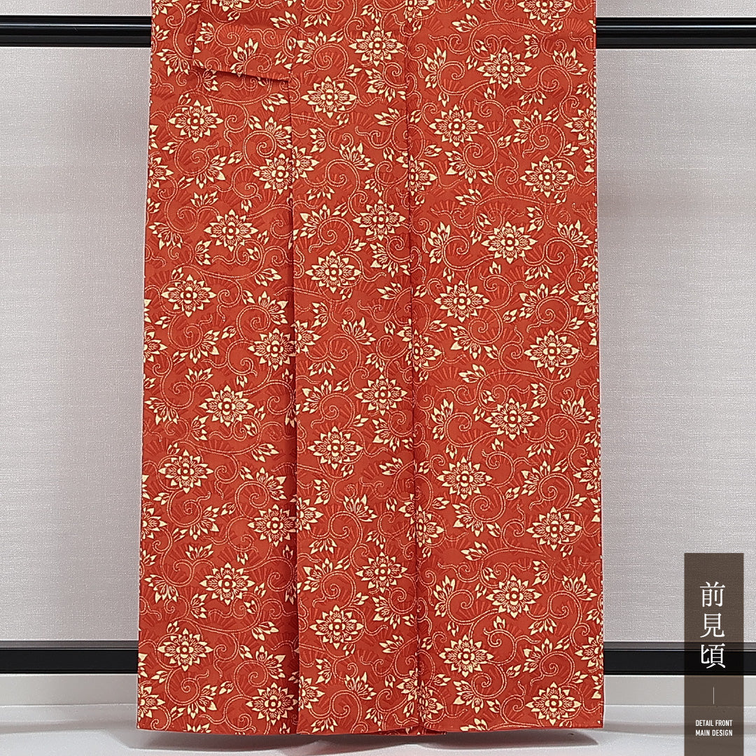 洗える着物 小紋 袷 身丈159cm 裄丈63cm ポリエステル Sランク インフォーマル 広衿 Mサイズ 唐華 朱系 RP 1221-14369
