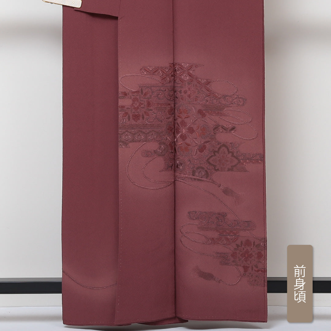 訪問着 袷 身丈162cm 裄丈65cm 正絹 Sランク セミフォーマル 広衿 Lサイズ 蘇州刺繍 汕頭刺繍 唐草華文 組紐 赤系 PO 1217-04385