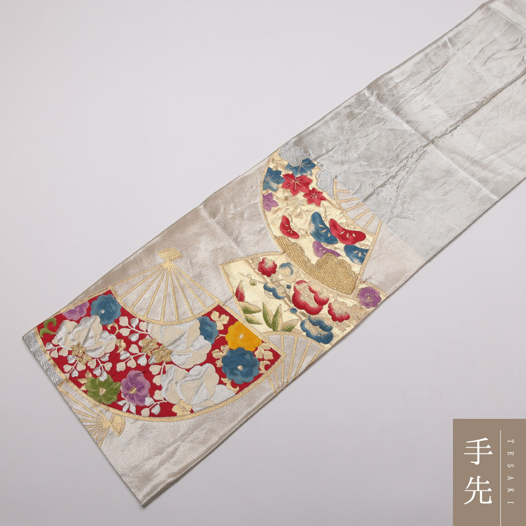 袋帯 帯丈408cm 正絹 全通 帯端のみ未仕立て フォーマル 花扇 銀系 1243-01421