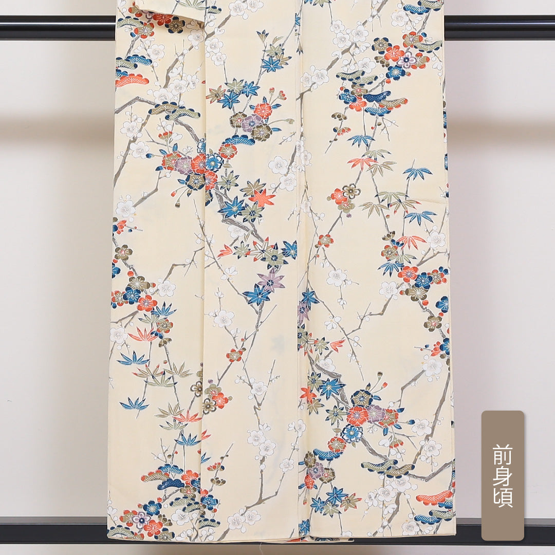 小紋 袷 身丈153cm 裄64cm クリーム系 梅 笠松 笹 紅葉 型染め 正絹 Aランク 1215-01771-3215