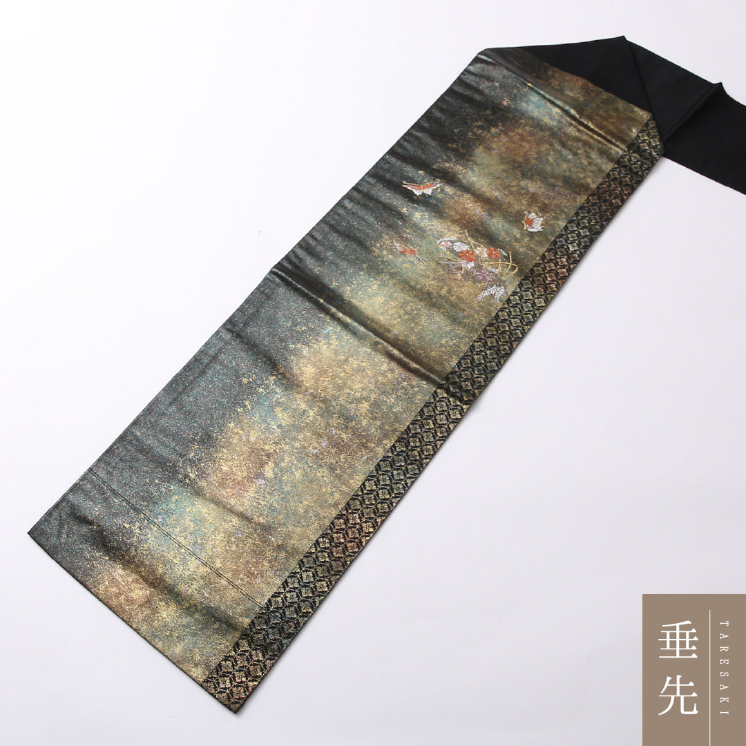 九寸名古屋帯 Sランク 帯丈342cm 正絹 ポイント柄 名古屋仕立て 織り セミフォーマル 蝶 菊 黒系 M4 1245-02644