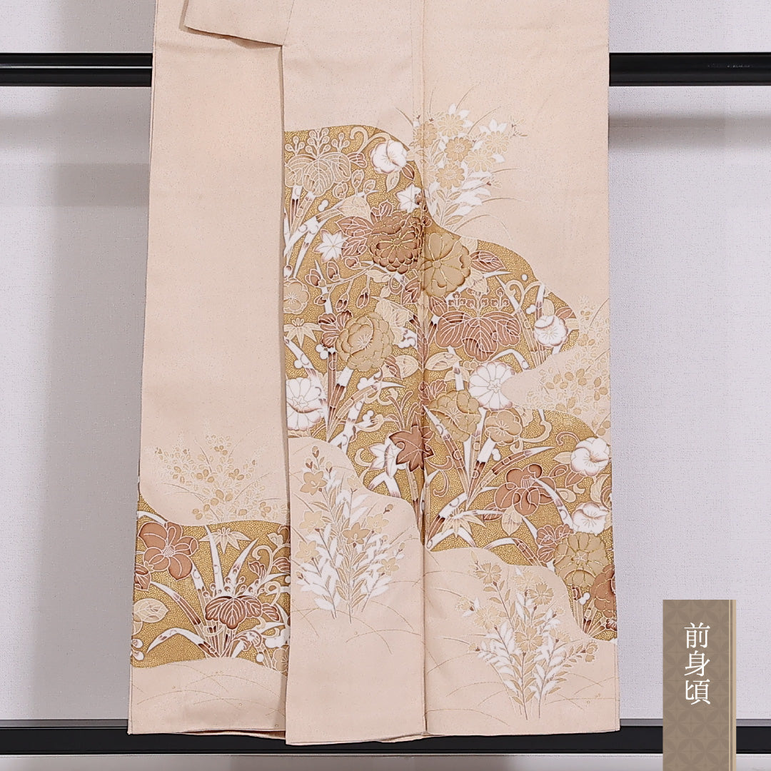 色留袖 一つ紋 身丈151cm 裄丈62cm Cランク 正絹 袷 広衿 S 金駒刺繍 桐 梅 セミフォーマル クリーム系 1211-F0284