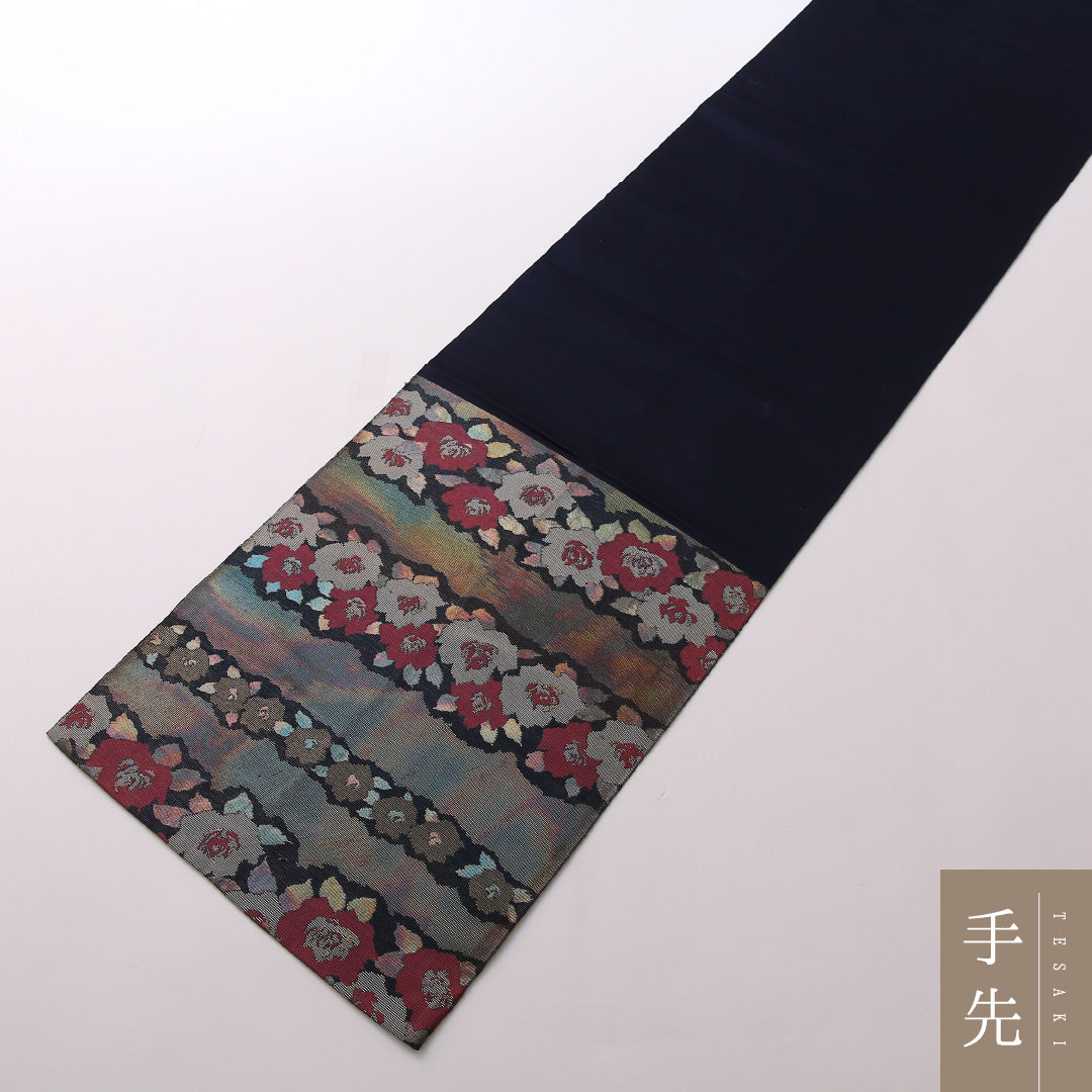 袋帯 帯丈404cm 正絹 六通 帯芯なし セミフォーマル こはく錦 花柄 紺系 1243-01652