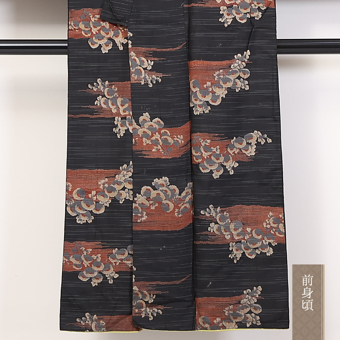 アンティーク お召 袷 身丈146cm 裄60.5cm 正絹 黒系 Cランク 1216-01279