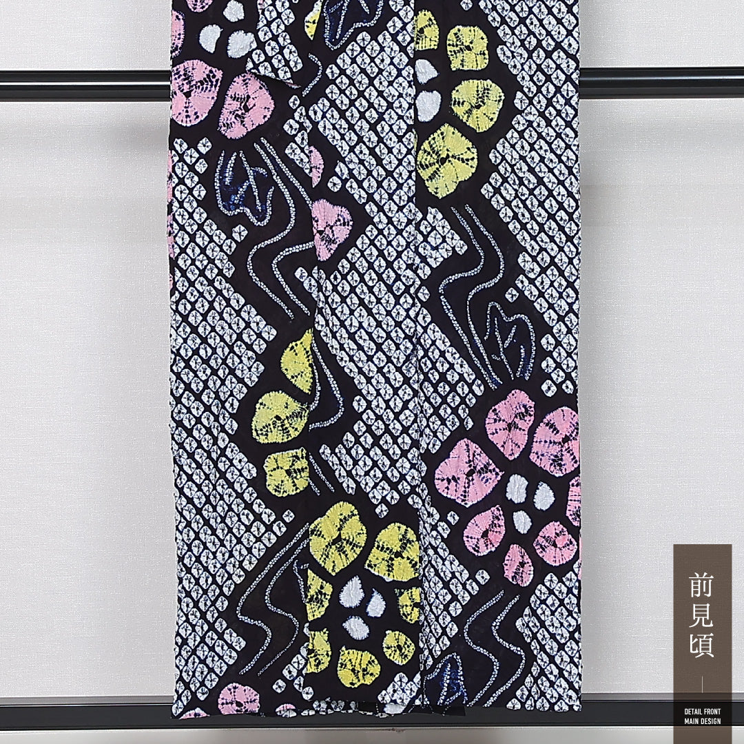 夏物 洗える着物 木綿の有松鳴海絞 (有松鳴海絞) 夏物 身丈153cm 裄丈65cm 木綿 Aランク カジュアル バチ衿 Sサイズ 肩当て ボタニカル 紺系 M4 1225-12126