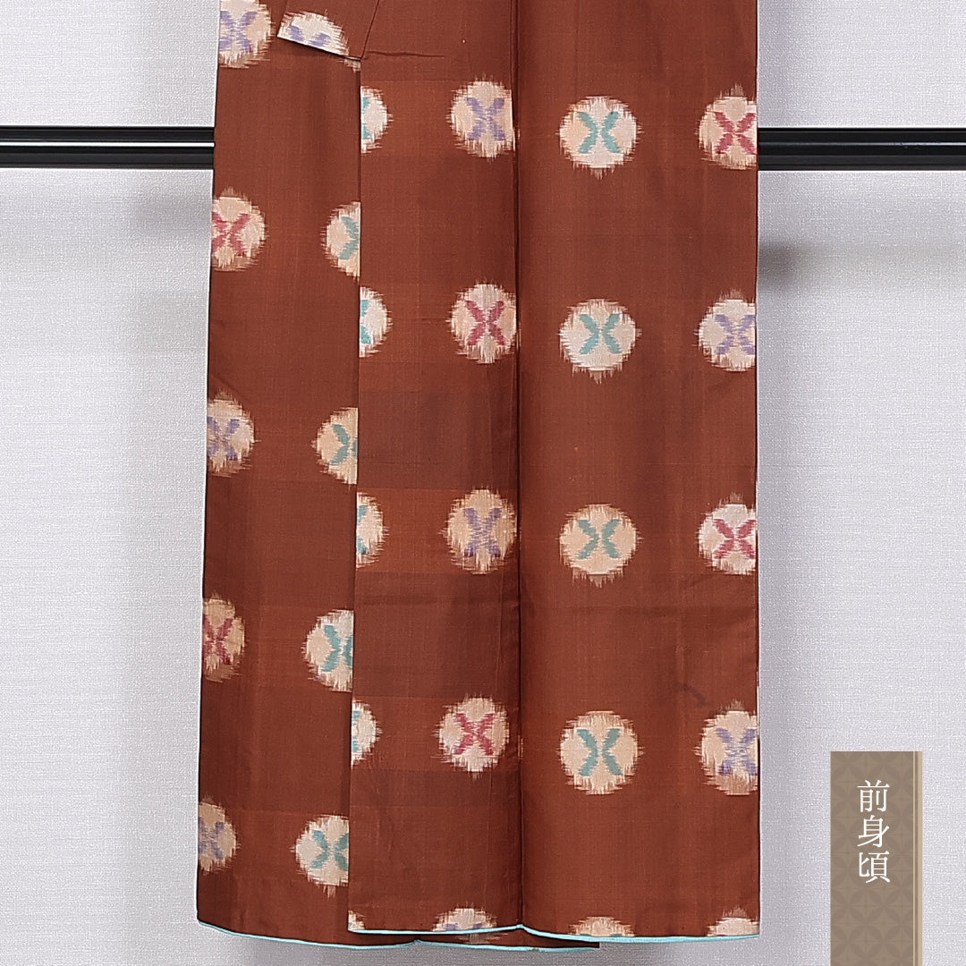 アンティーク 銘仙の着物 袷 身丈146cm 裄丈62cm 正絹 Bランク バチ衿 XSサイズ 丸文 茶系 RP 1223-10882