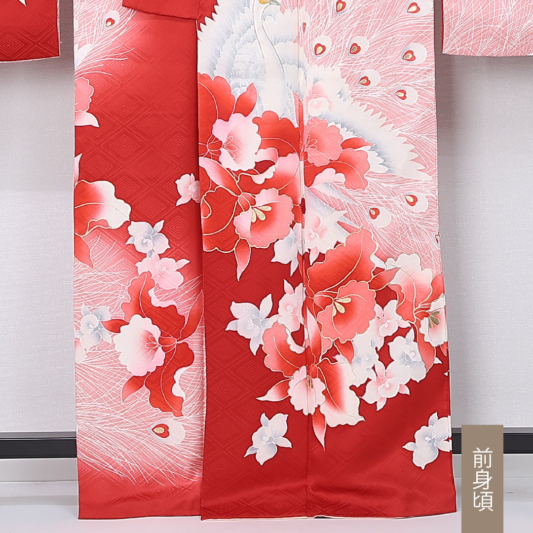 振袖 身丈161cm 裄丈64.5cm Sランク 正絹 袷 広衿 L 孔雀 フォーマル 独創的 華やか 赤系 1213-F0463