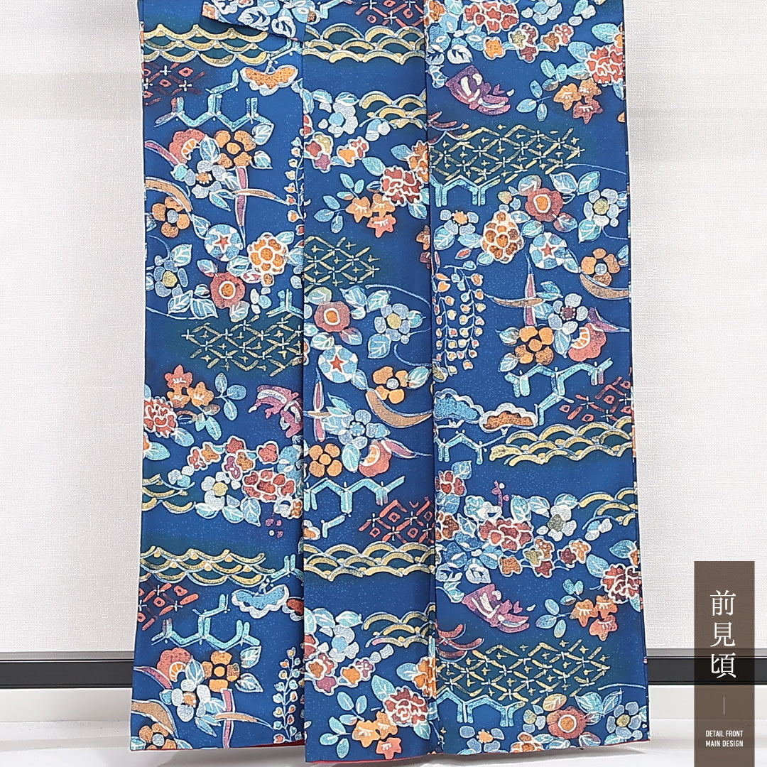 小紋 袷 身丈160cm 裄丈62cm 正絹 Sランク インフォーマル バチ衿 Lサイズ 梅 松 吉祥文様 青系 RP 1221-13193