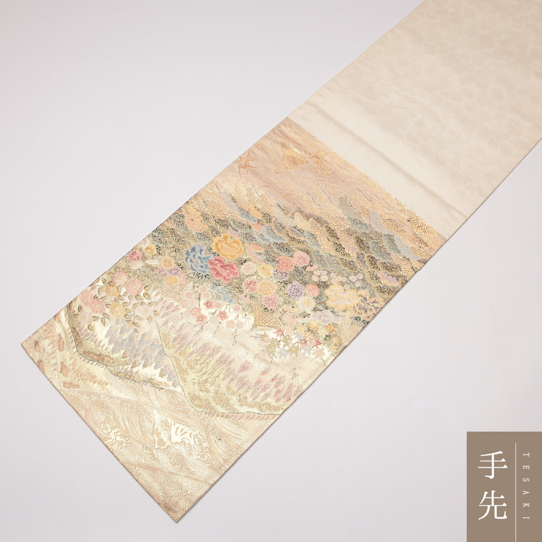 袋帯 帯丈436cm 正絹 六通 フォーマル 寺社 四季山野 金系 1243-01276
