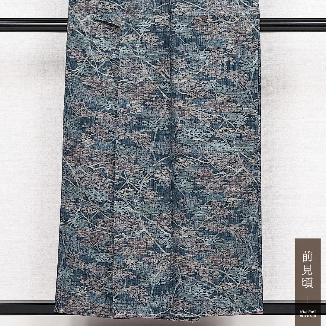 未使用品 洗える着物 ウールの紬 胴抜き 身丈154cm 裄丈64cm ウール Sランク カジュアル バチ衿 Sサイズ しつけ糸 植物柄 青系 RP 1223-14153