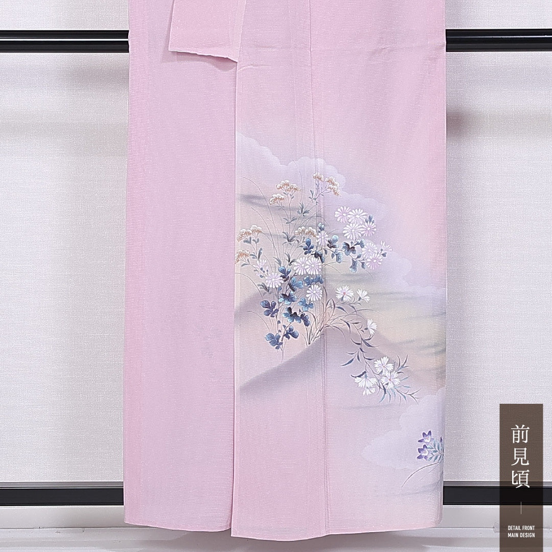 夏物 訪問着 絽 身丈147cm 裄丈55cm 正絹 Aランク セミフォーマル 広衿 XSサイズ 遠山 桔梗 撫子 ピンク系 M4 1217-11202