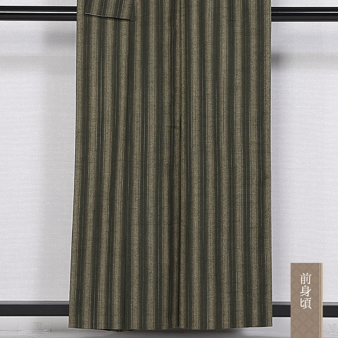 真綿紬 単衣 身丈157cm 裄丈63cm 正絹 Sランク カジュアル 広衿 Mサイズ 縞 緑系 RP 1223-10513