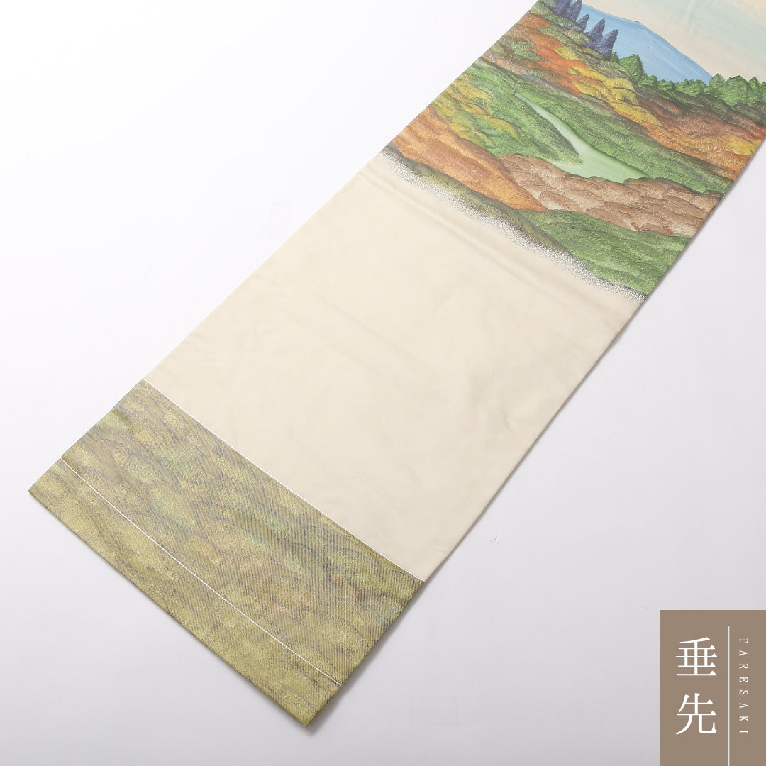 九寸名古屋帯 Cランク 帯丈358cm 正絹 ポイント柄 名古屋仕立て 染め インフォーマル 遠山 クリーム系 M4 1245-03063