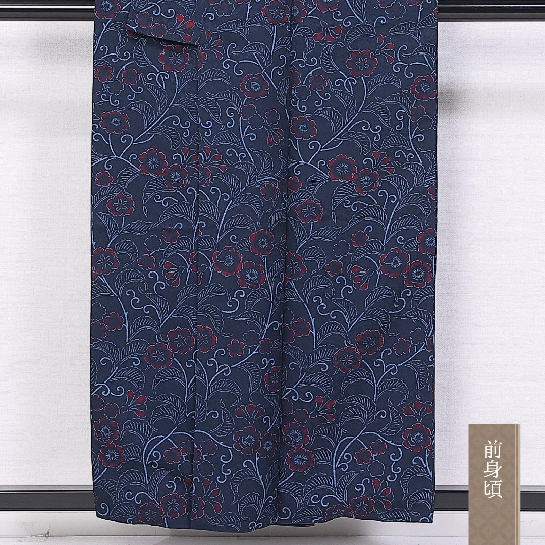 小紋 袷 身丈155cm 裄丈61cm 正絹 Sランク インフォーマル 広衿 Mサイズ 織り出し 草木染め 藍染 唐華 青系 RP 1221-10972