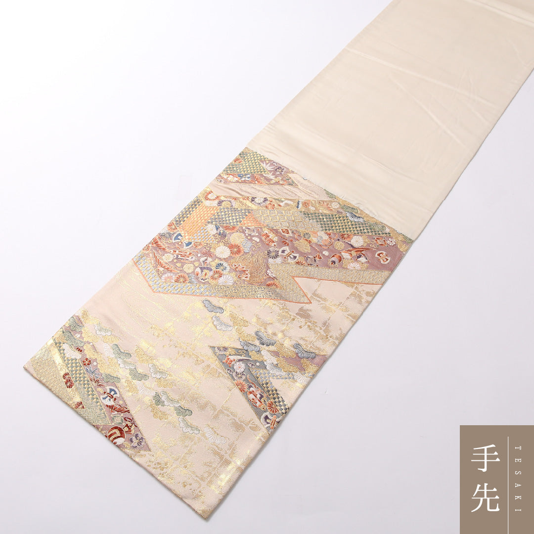 袋帯 帯丈420cm 正絹 六通 松皮取華宝紋 フォーマル 九百錦 松皮菱 裂取り 金系 1243-01687