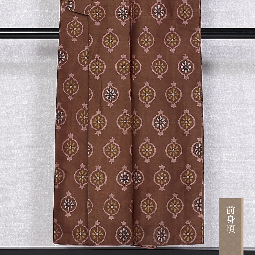 アンティーク 銘仙の着物 袷 身丈149cm 裄丈63cm 正絹 Bランク バチ衿 XSサイズ 花柄 茶系 RP 1223-10543
