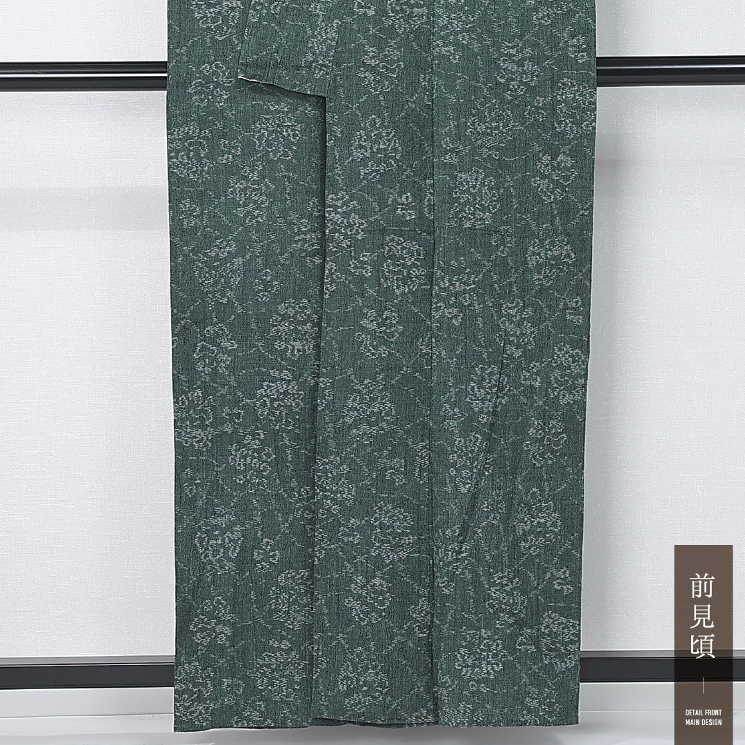 紬 単衣 身丈158cm 裄丈63cm 正絹 Aランク カジュアル 広衿 Mサイズ 創作柄 緑系 RP 1223-12204