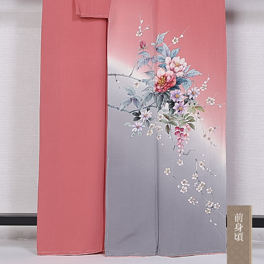 訪問着 身丈161cm 裄丈63cm 正絹 Sランク 袷 広衿 梅 牡丹 作家物 落款 しつけ糸 1212-10219