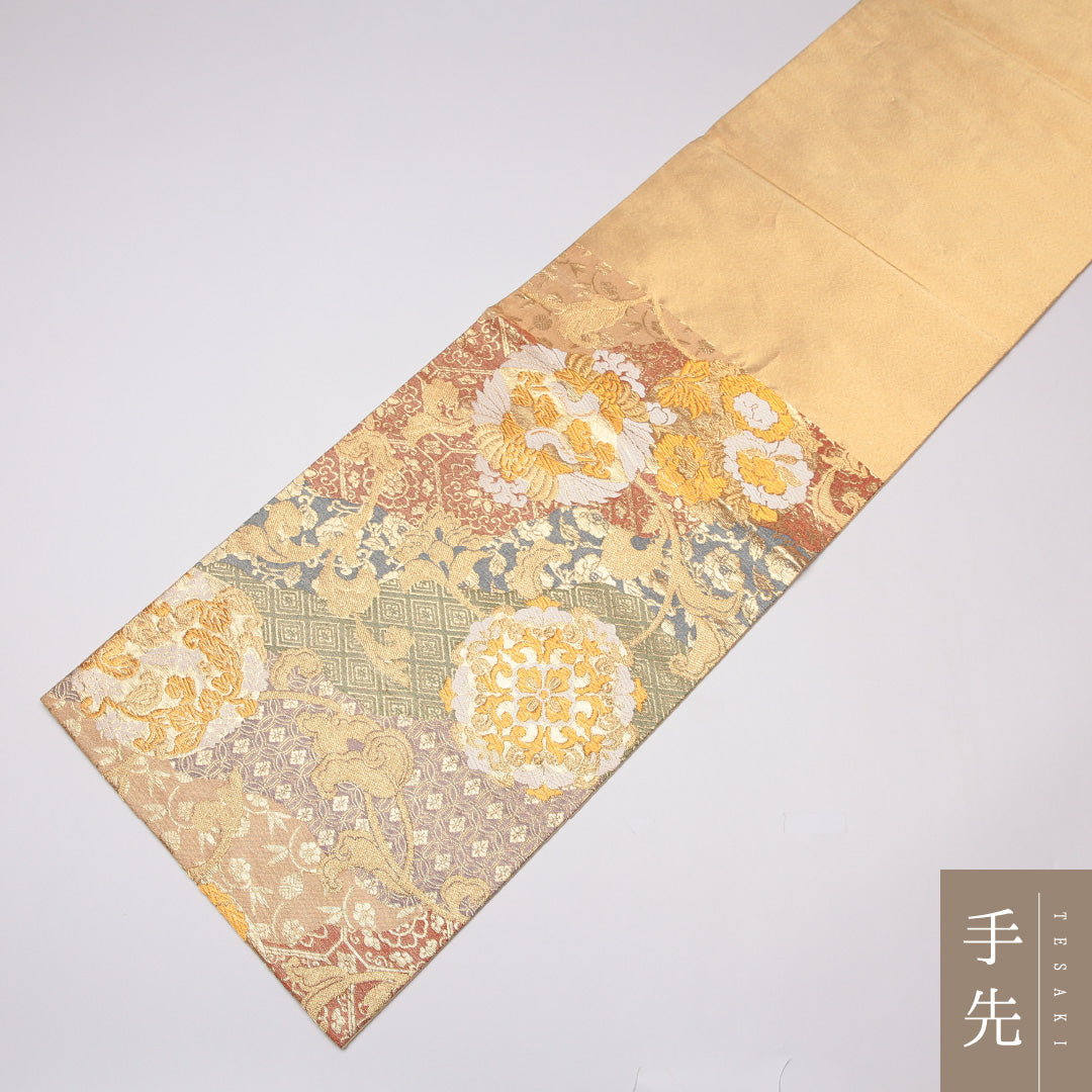 袋帯 帯丈418cm 正絹 六通 フォーマル 蜀江 花菱 金系 1243-01310