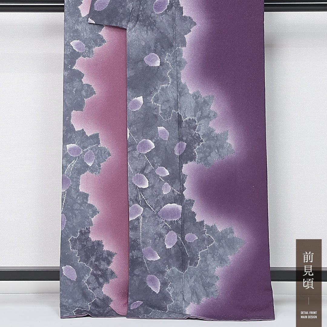 付下げ 身丈165cm 裄丈67cm Sランク XL 正絹 袷 広衿 一つ紋 揚羽蝶 落款 染色作家藤井霞岳 ふくれ織 セミフォーマル 紫系 1261-12162