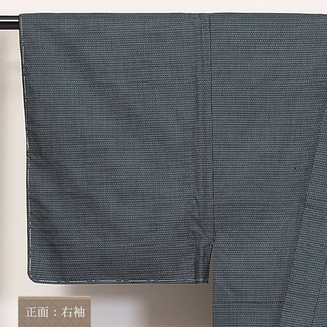 アンサンブル 男着物 (大島紬) 袷 身丈142cm 裄丈66cm 正絹 Aランク インフォーマル 棒衿 Mサイズ 紐あり 亀甲 緑系 RP 1224-06232
