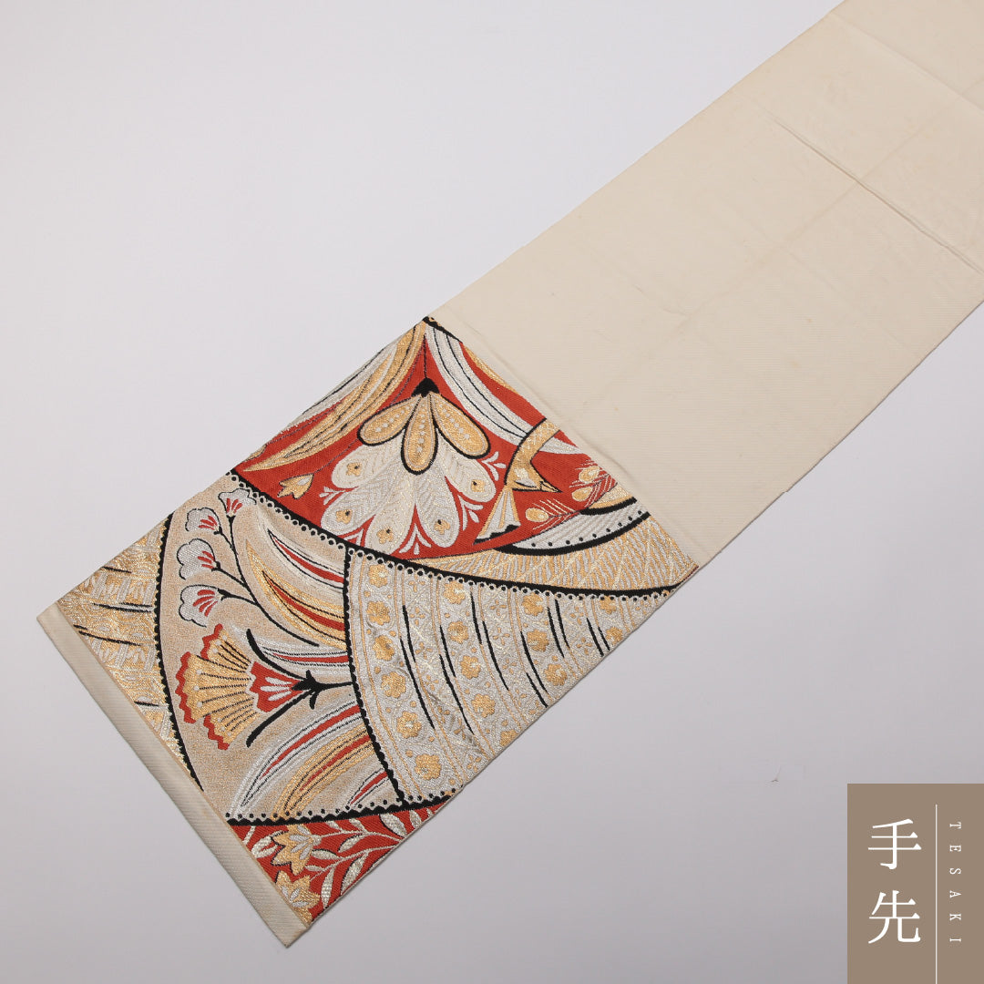 アンティーク 袋帯 帯丈418cm 正絹 六通 孔雀 花柄 クリーム系 1243-01357