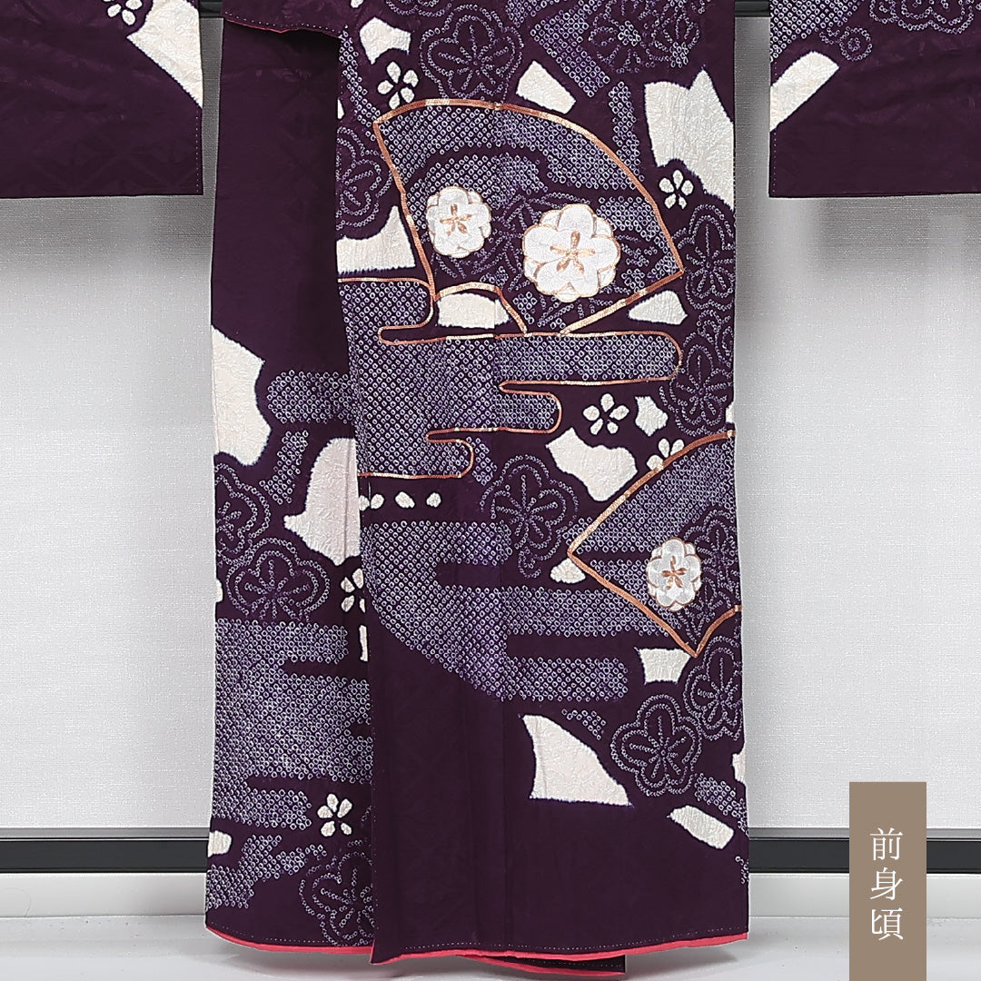 振袖 身丈158cm 裄丈64cm Aランク 袷 正絹 XL 広衿 絞り 金駒刺繍 吉祥文様 扇 古典柄 桜 花柄 紫系 1213-F0437