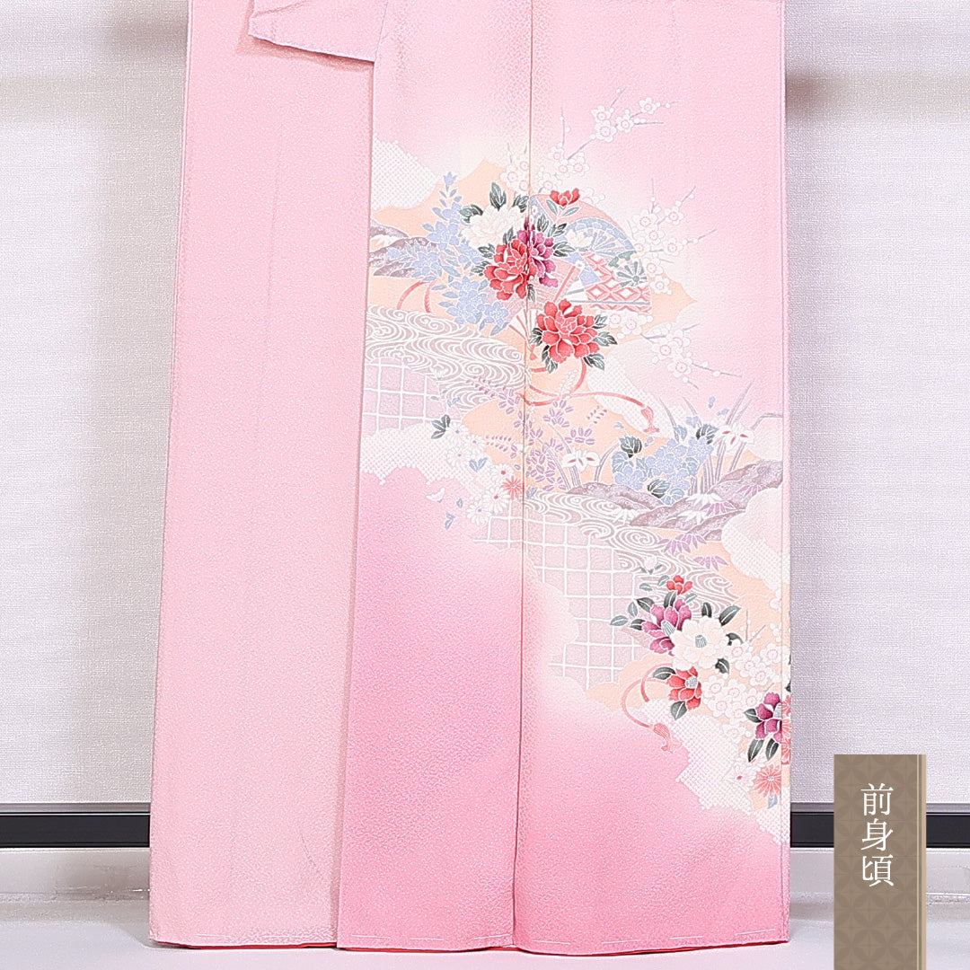 訪問着 身丈162cm 裄丈63.5cm Sランク 袷 正絹 広衿 牡丹 菊 1212-10142