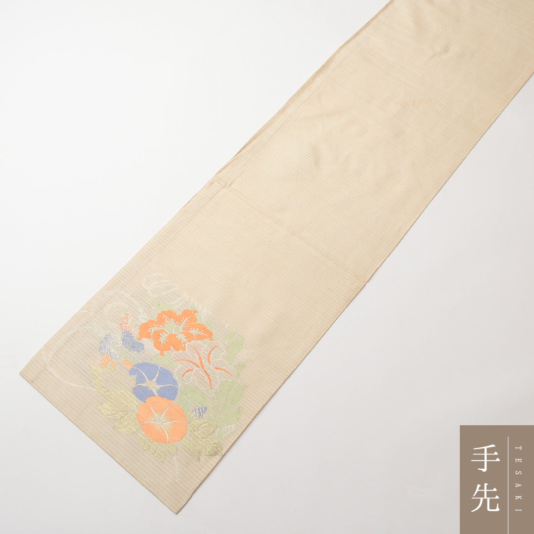 アンティーク 夏物 丸帯 帯丈412cm 正絹 六通 帯端のみ未仕立て 帯芯なし 朝顔 クリーム系 1242-01482
