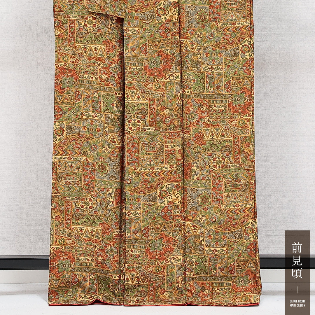 小紋 袷 身丈164cm 裄丈64cm 正絹 Aランク インフォーマル 広衿 Lサイズ 更紗 茶系 RP 1221-14542