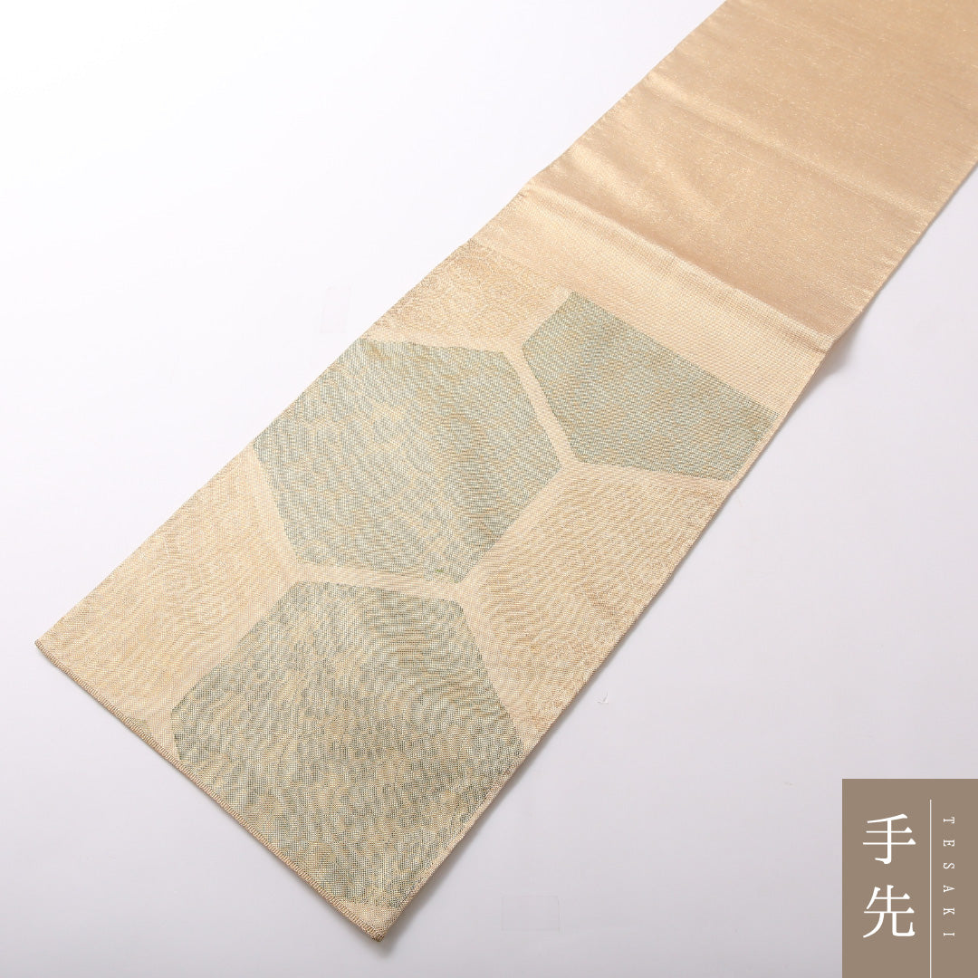 袋帯 帯丈428cm 正絹 六通 セミフォーマル 佐賀錦 亀甲 金系 1243-01710