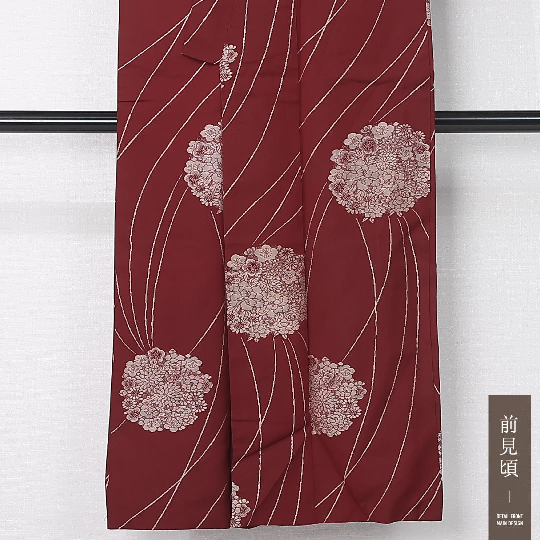 アンティーク 錦紗の着物 袷 身丈144cm 裄丈63cm 正絹 Cランク バチ衿 XSサイズ 花柄 赤系 M4 1223-12428