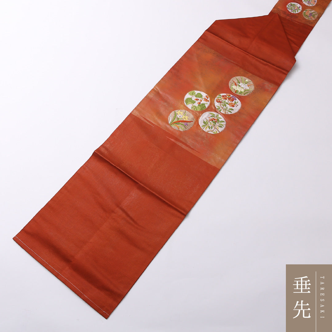 名古屋帯 ポイント柄 帯丈356cm カジュアル Sランク 正絹 花柄 朱系 1224-02577