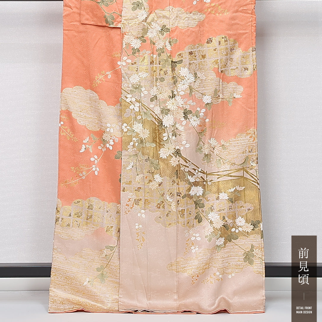 訪問着 袷 身丈163cm 裄丈64cm 正絹 Aランク セミフォーマル 広衿 Lサイズ 雲取り 菊 箔 朱系 M4 1217-12163