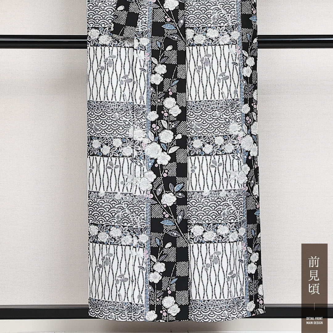 小紋 単衣 洗える着物 身丈152cm 裄丈62cm Bランク ポリエステル バチ衿 Sサイズ インフォーマル 辻が花柄 上品 華やか 黒系 白系 1215-14013