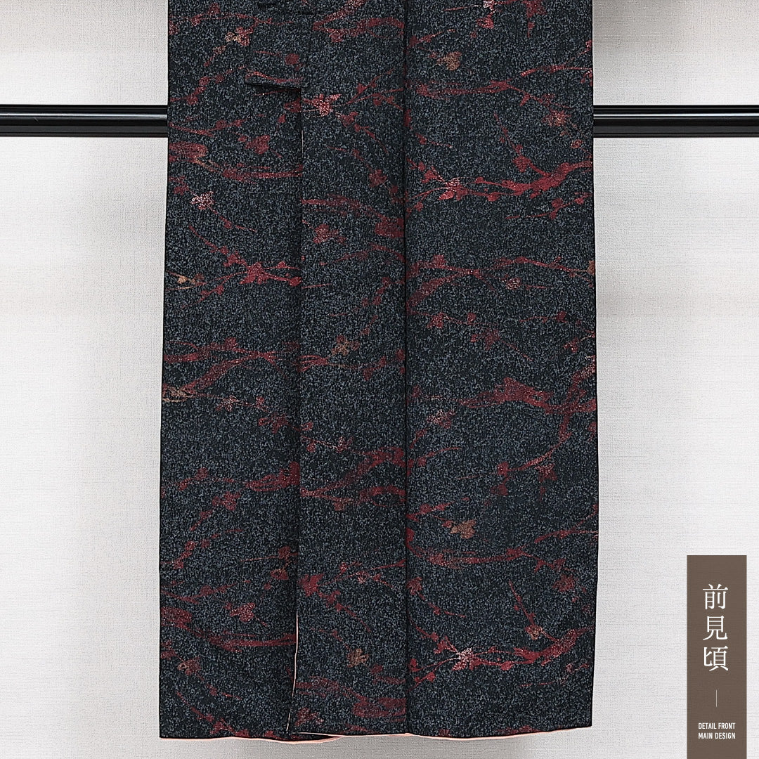 アンティーク お召 袷 身丈145cm 裄丈60cm 正絹 Aランク バチ衿 XSサイズ 漆糸 植物柄 紺系 RP 1222-14312