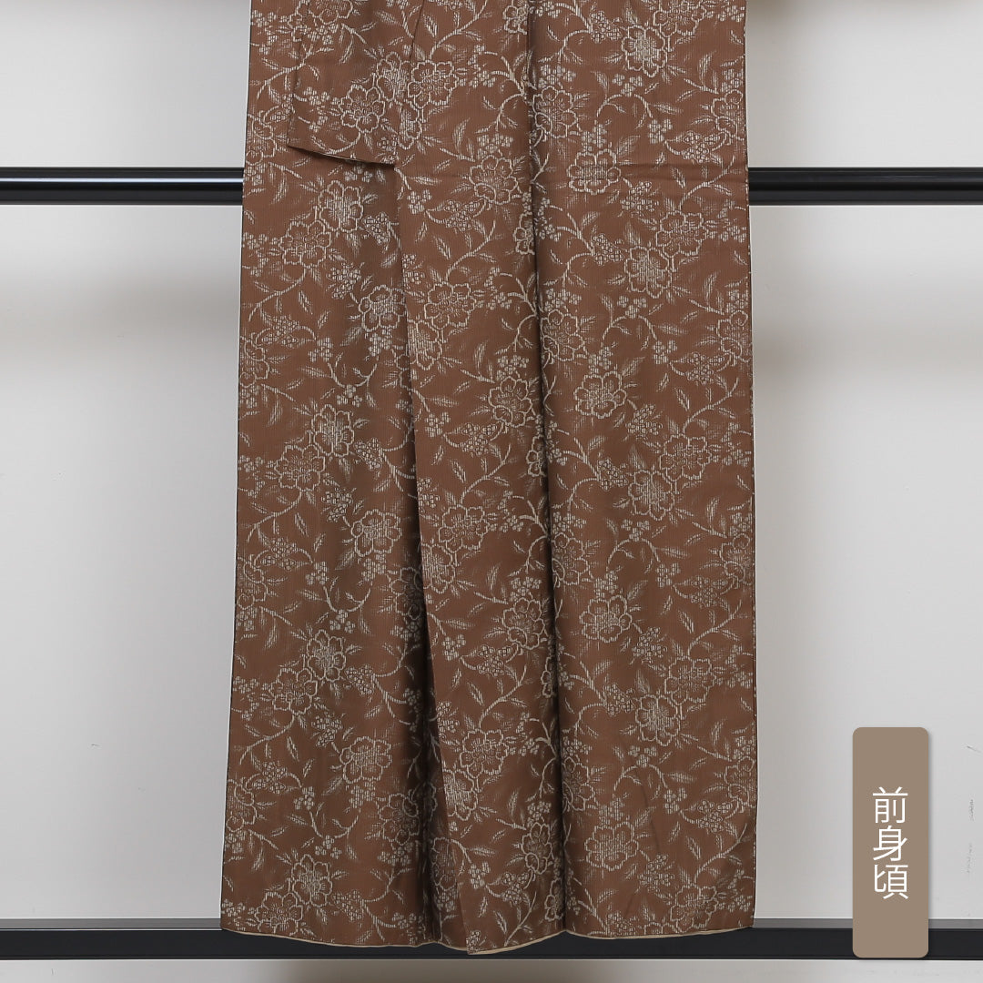 アンティーク 小紋 袷 身丈152cm 裄丈63cm 正絹 Bランク 広衿 Sサイズ 牡丹 茶系 RP 1221-01352