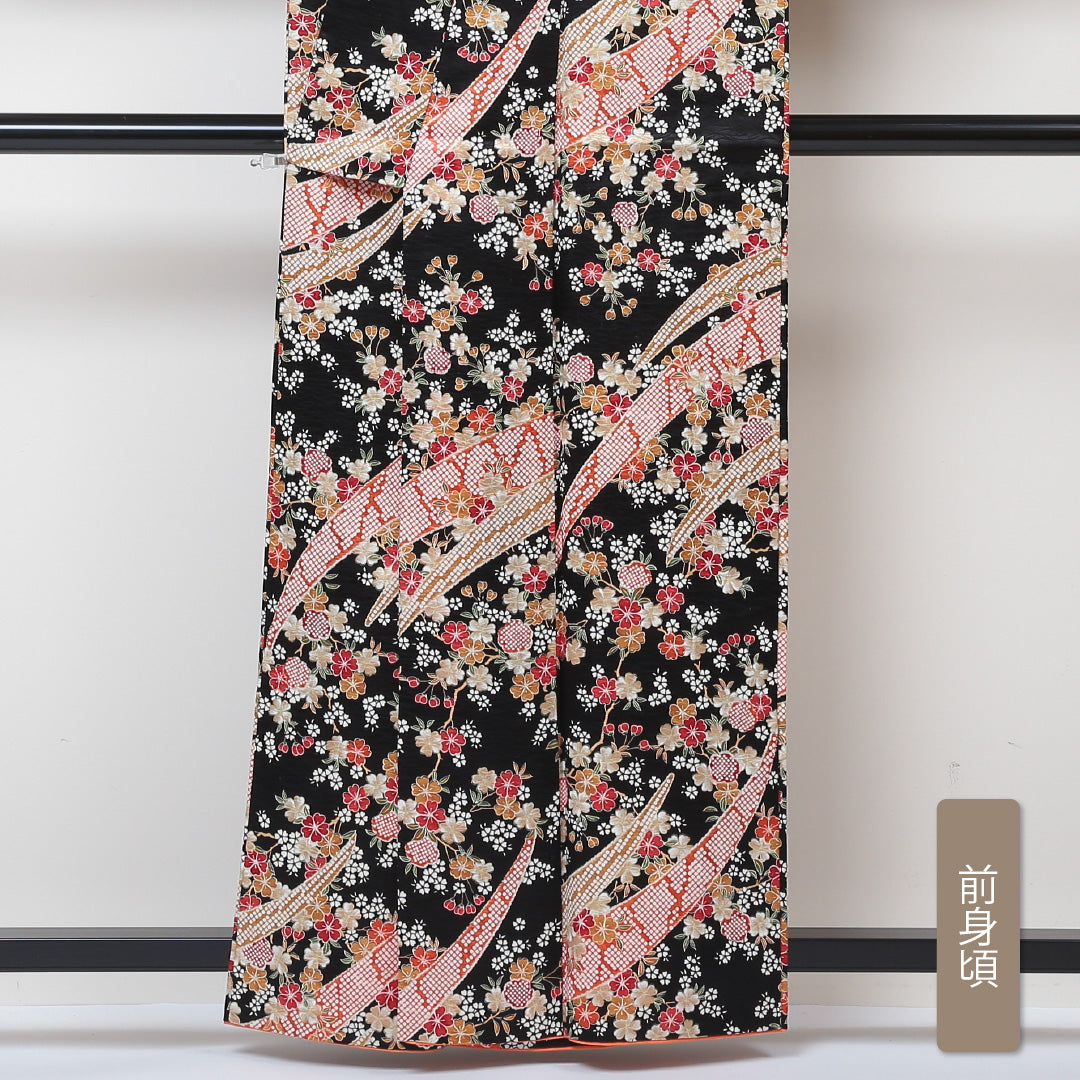 小紋 洗える着物 袷 身丈159cm 裄丈62cm ポリエステル Aランク Mサイズ 広衿 インフォーマル 古典柄 花柄 黒系 ピンク系 1215-01407