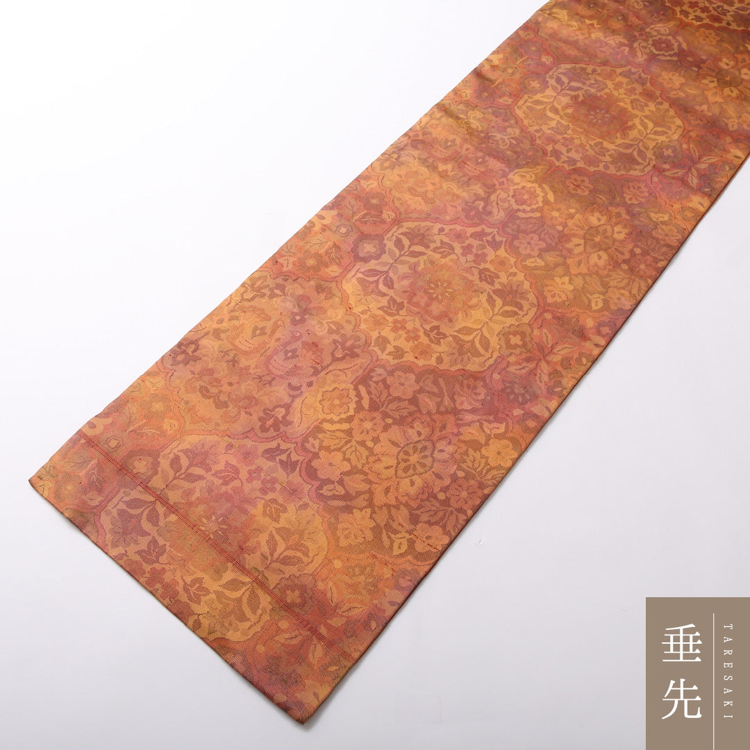 九寸名古屋帯 Sランク 帯丈358cm 正絹 六通 名古屋仕立て 織り カジュアル 紬 双鳥唐花文 朱系 LP 1245-03031