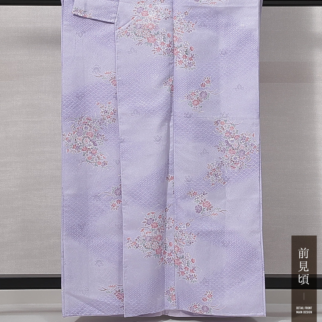 小紋 洗える着物 袷 身丈161cm 裄丈63cm ポリエステル Sランク Lサイズ 広衿 インフォーマル 花車 紫系 1215-14827