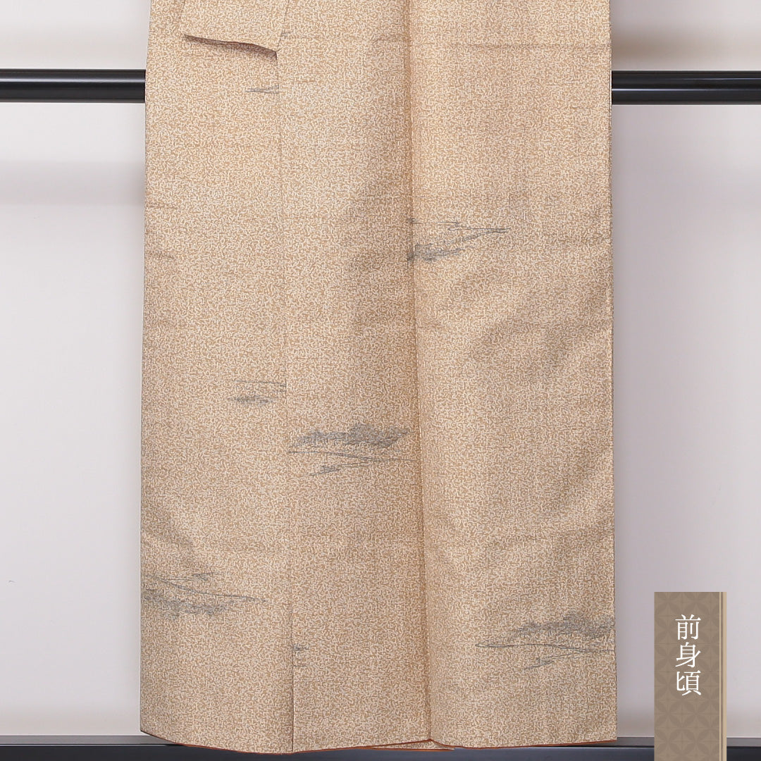 牛首紬 袷 身丈151cm 裄丈64cm 正絹 Aランク インフォーマル 広衿 Sサイズ 染め紬 創作柄 ベージュ系 M4 1223-03553
