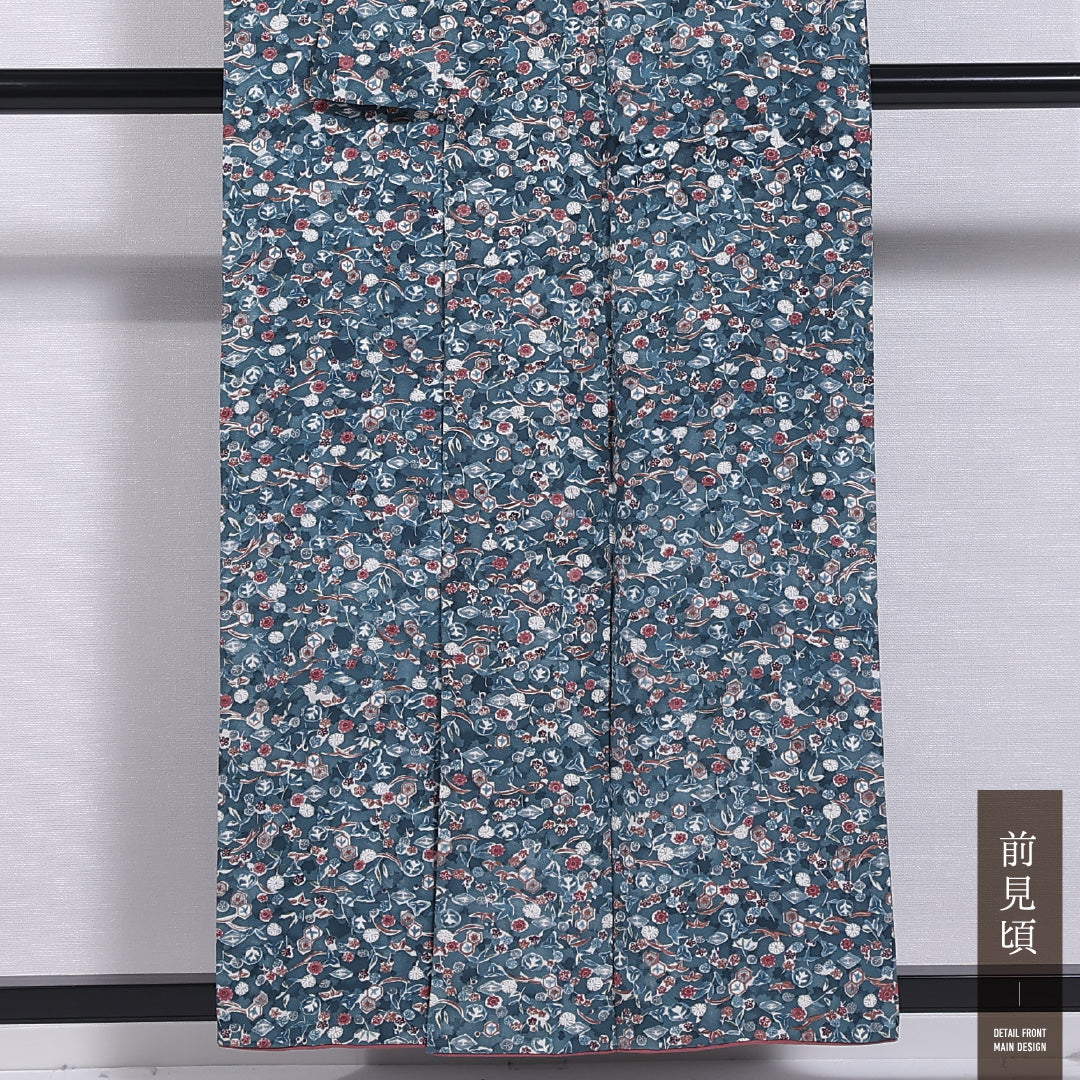 小紋 袷 身丈155cm 裄丈63cm 正絹 Sランク インフォーマル 広衿 Mサイズ 花柄 緑系 RP 1221-11863